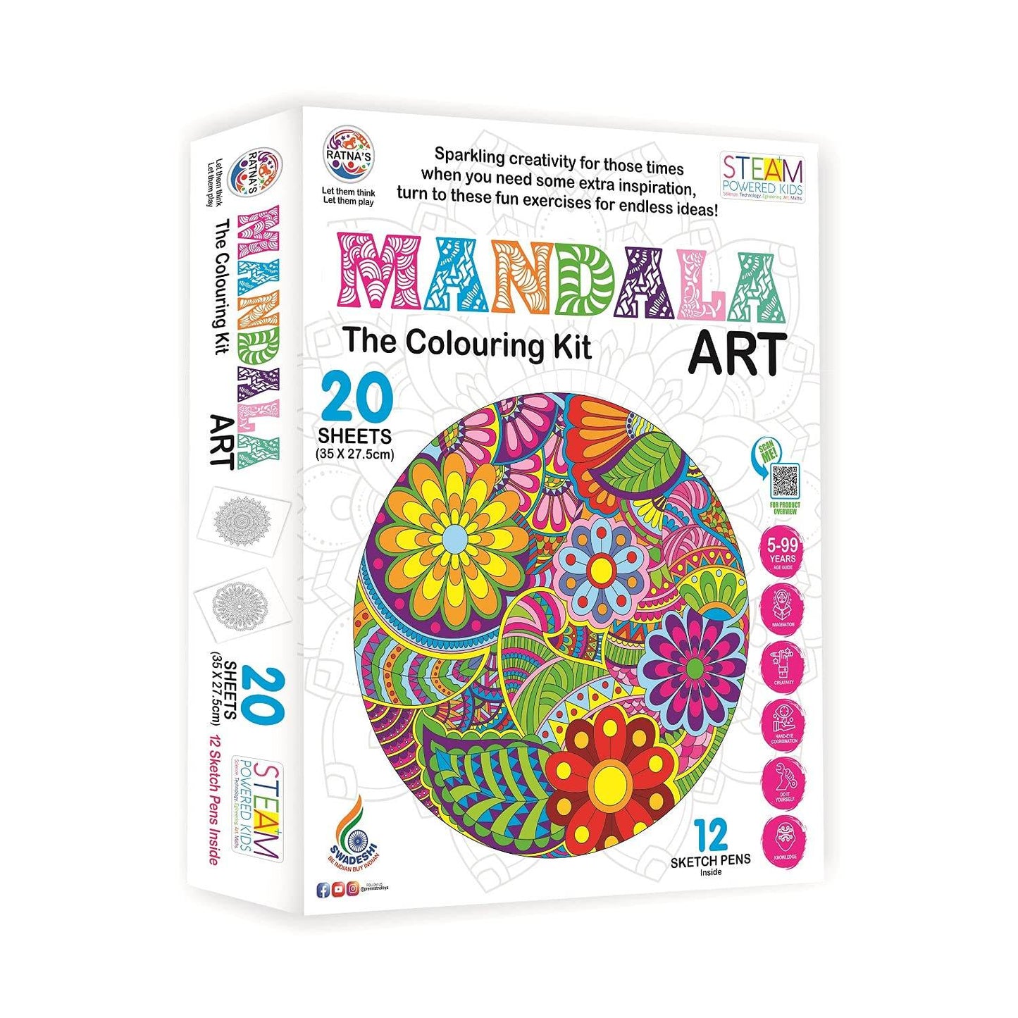 Mandala art coloring kit with 20 sheets and 12 sketch pens for creative and relaxing coloring