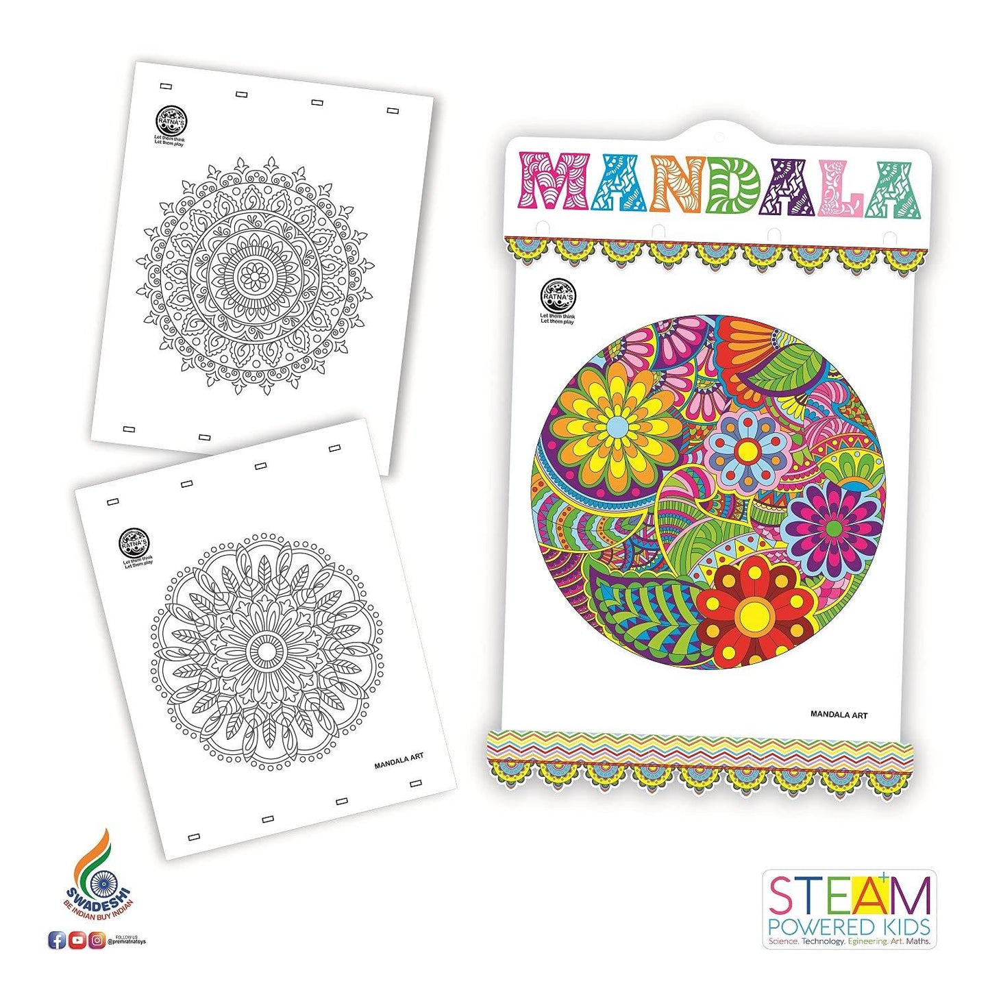 Mandala art coloring kit with detailed black and white mandala designs and a colorful example page