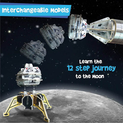 3D rocket puzzle educational toy showing interchangeable models illustrating a 12 step journey to the moon