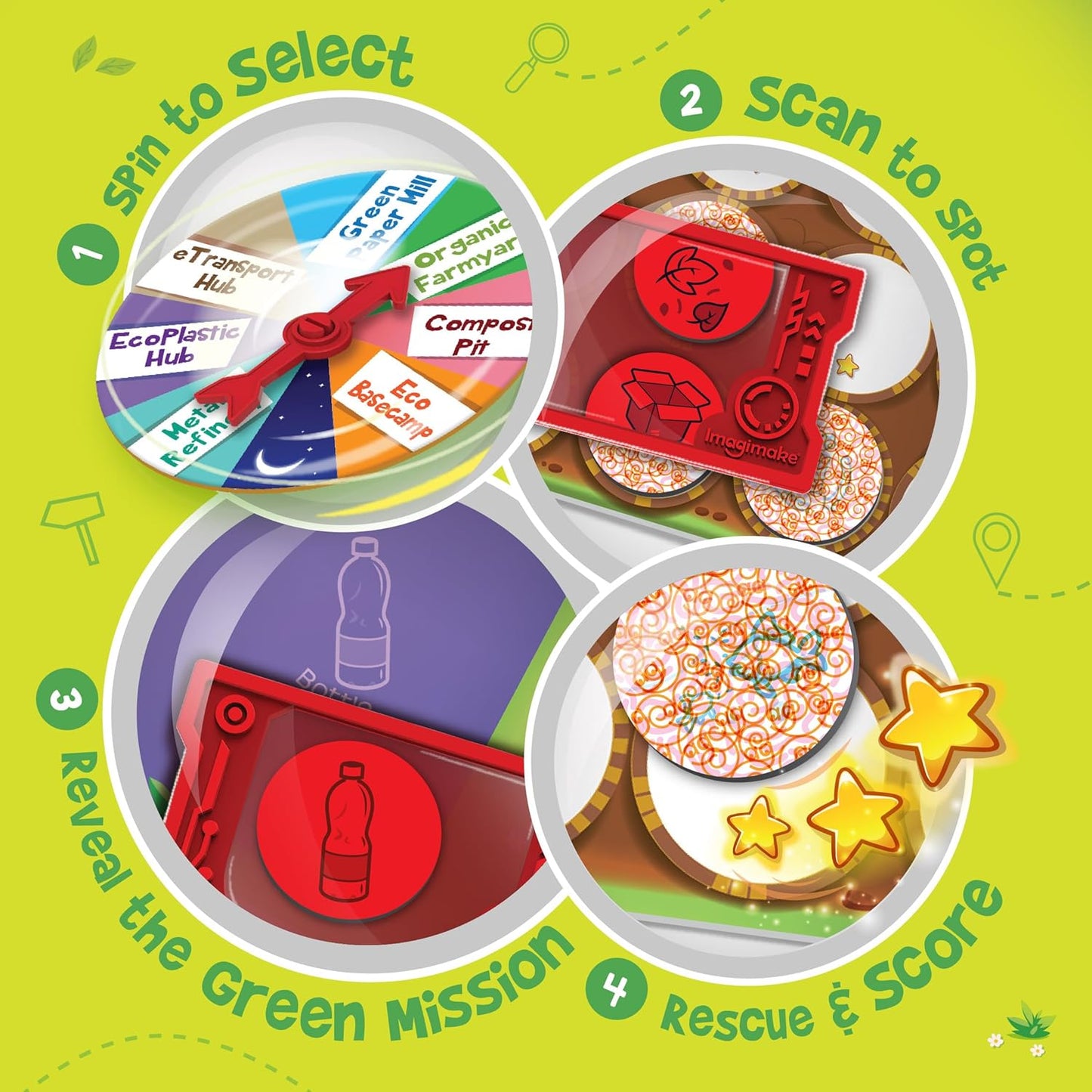 Colorful family board game featuring spin-to-select and scan-to-spot actions for family fun