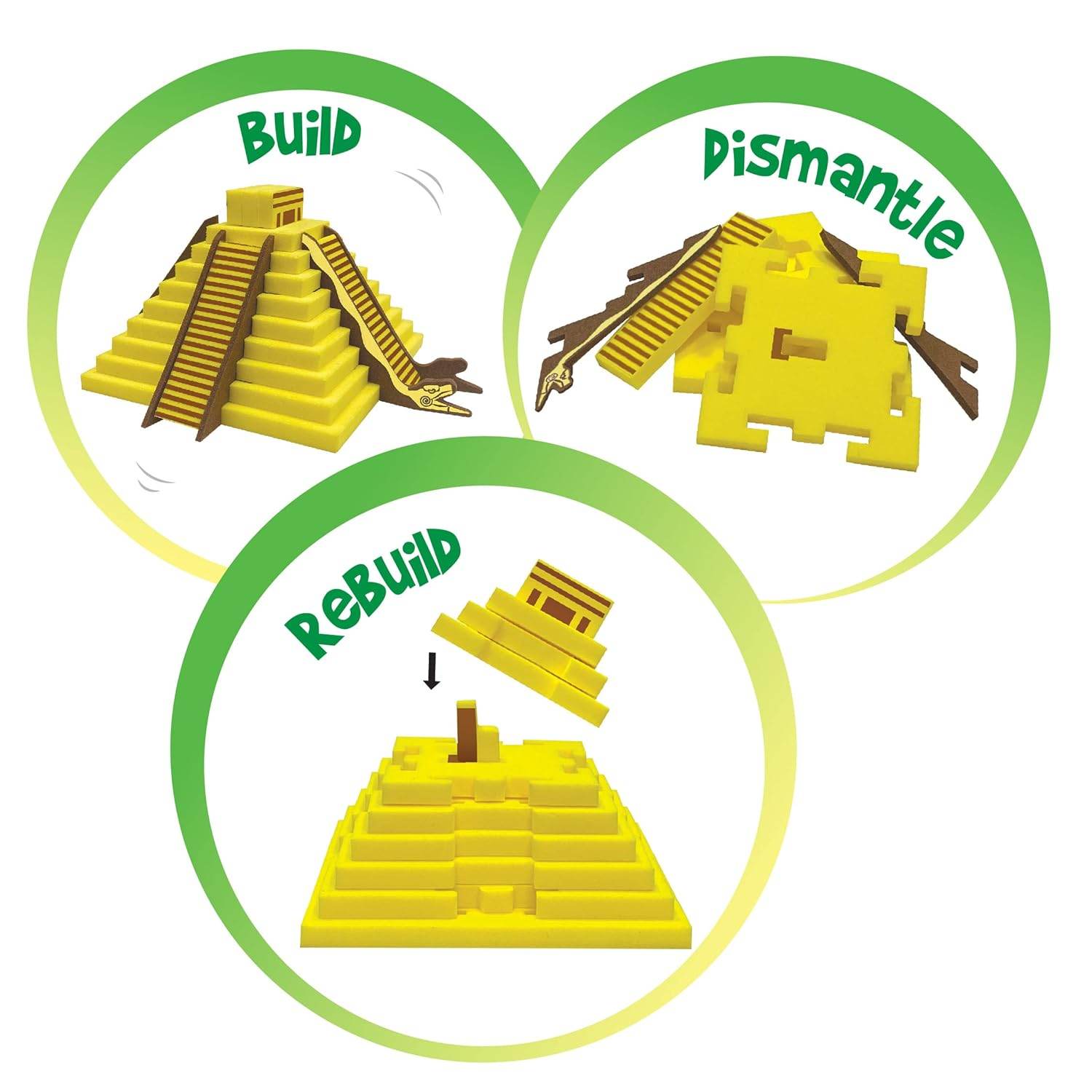 Educational monuments puzzle for kids showing build dismantle and rebuild steps of a yellow pyramid model
