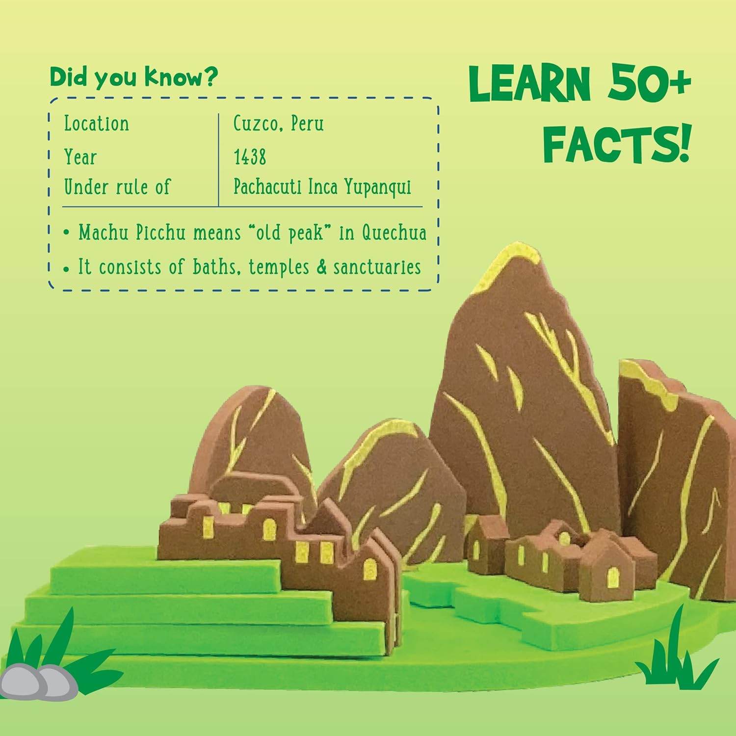 Educational monuments puzzle for kids featuring a colorful 3D model of Machu Picchu with fun facts