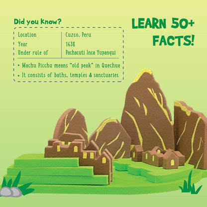 Educational monuments puzzle for kids featuring a colorful 3D model of Machu Picchu with fun facts