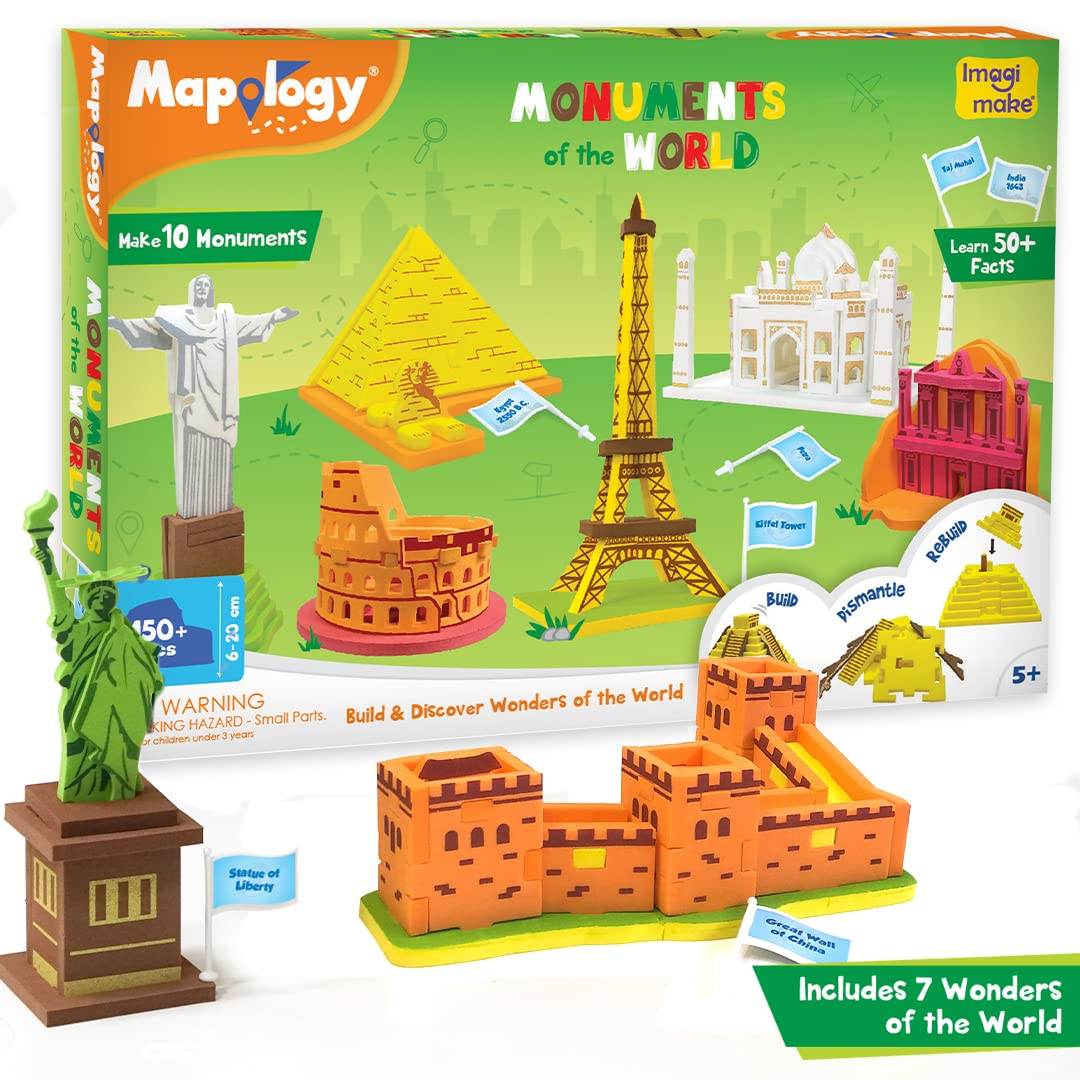 Educational monuments puzzle for kids featuring seven world wonders with buildable models and fun facts