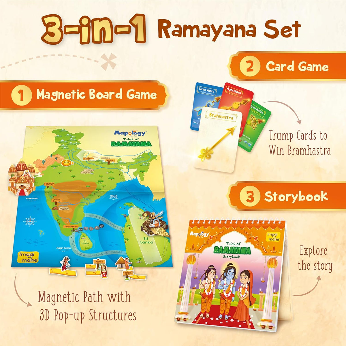3-in-1 Ramayana family board game with magnetic board, card game, and storybook for educational playtime
