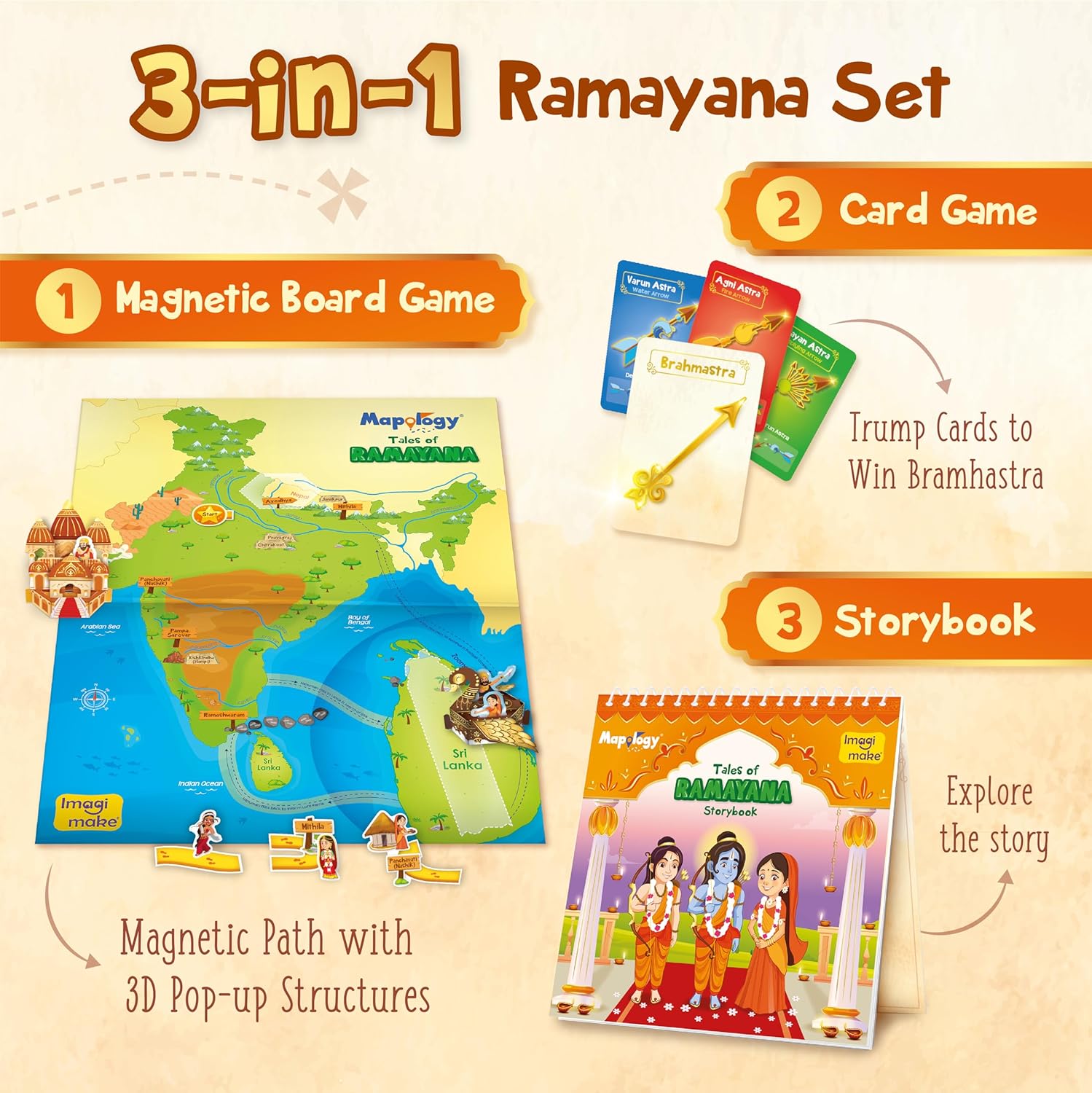 3-in-1 Ramayana family board game with magnetic board, card game, and storybook for educational playtime