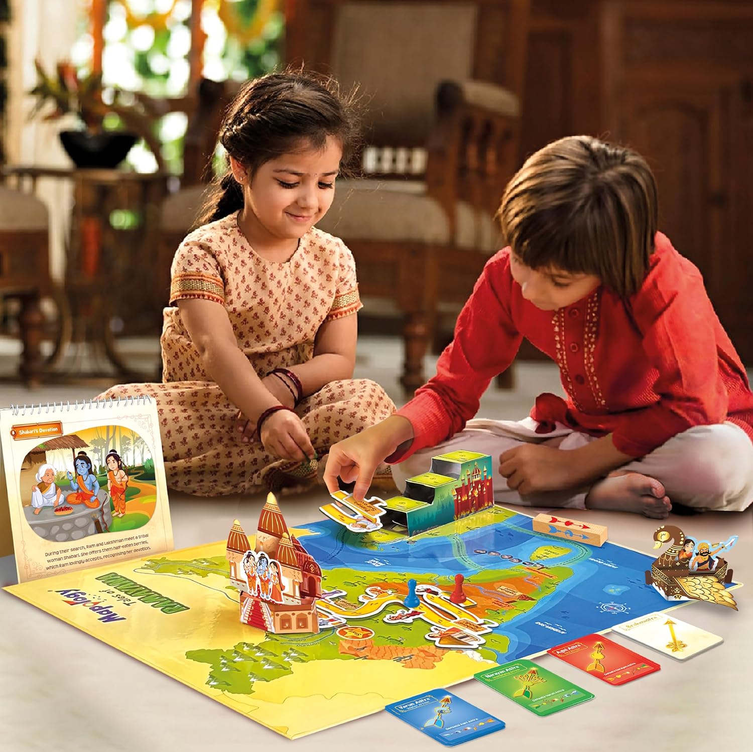 Colorful family board game for kids featuring a map and interactive play pieces