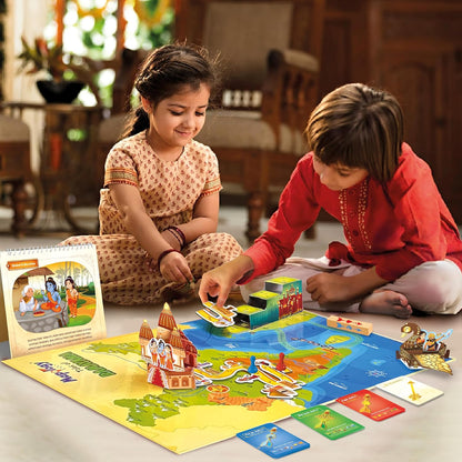 Colorful family board game for kids featuring a map and interactive play pieces
