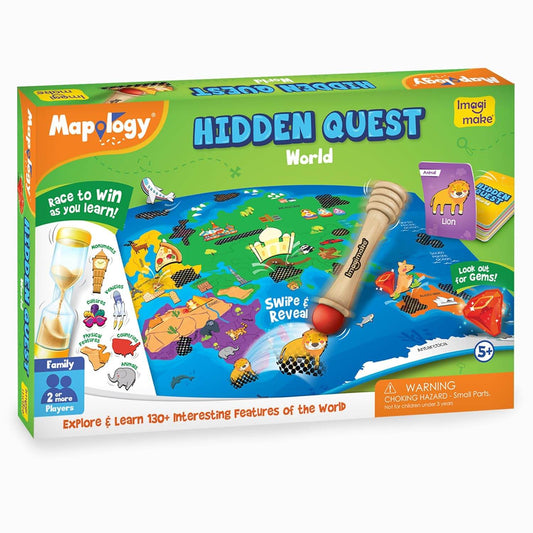 Mapology Hidden Quest board game featuring a colorful world map, wooden pointer, and educational cards for kids ages 5 and up
