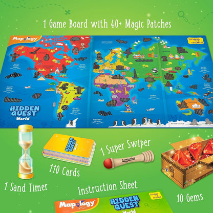Mapology Hidden Quest board game set with game board, 110 cards, sand timer, super swiper, instruction sheet, and 10 gems