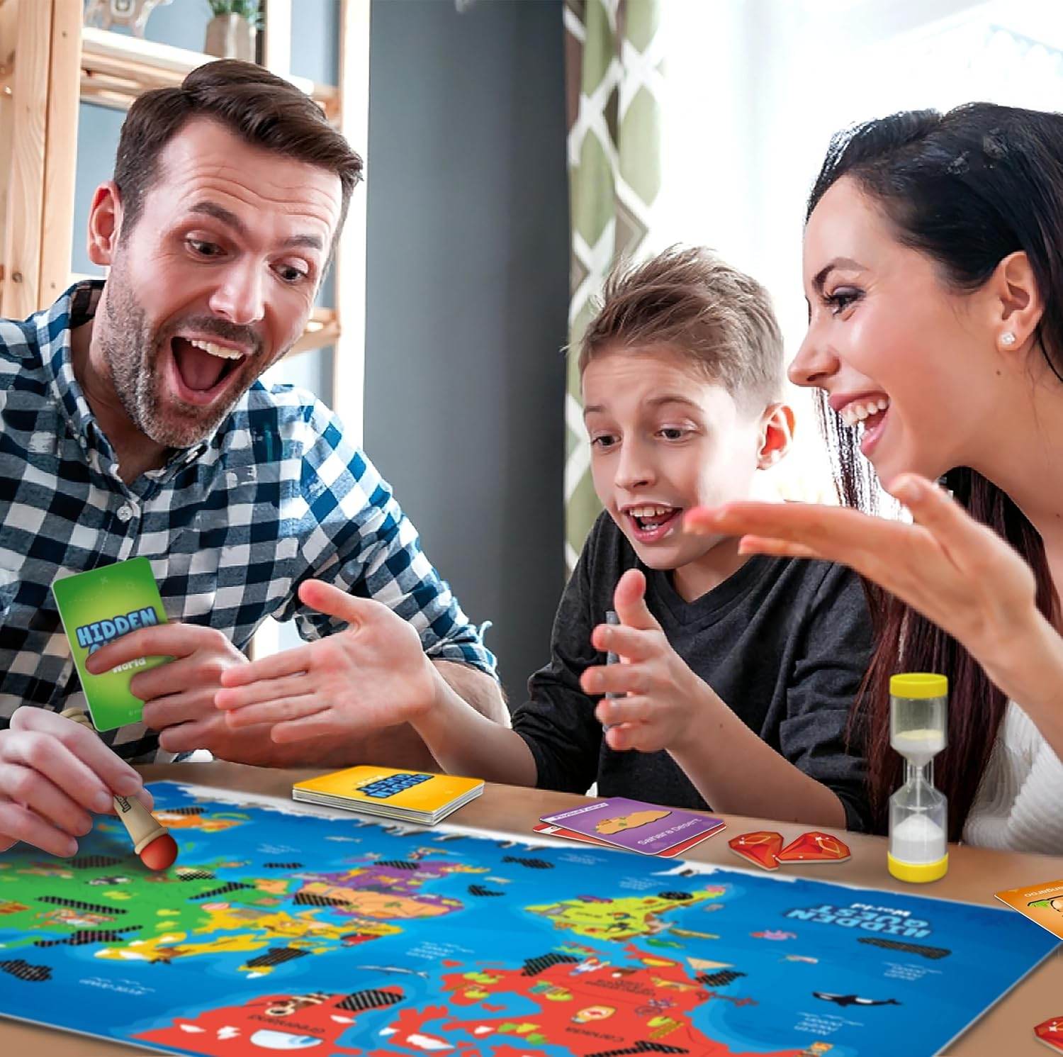 Family playing Mapology Hidden Quest board game with colorful map and cards at the table