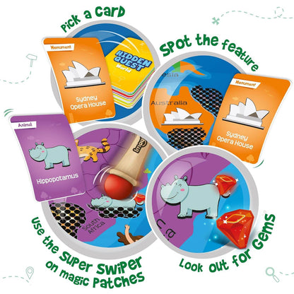 Mapology Hidden Quest board game featuring cards, a super swiper tool, and colorful game pieces for interactive play