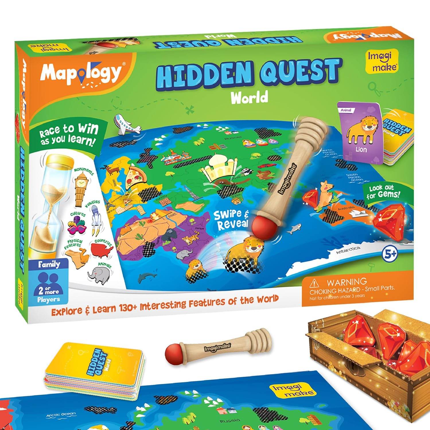 Mapology Hidden Quest board game with world map, swipe tool, cards, and treasure chest for kids ages 5 and up
