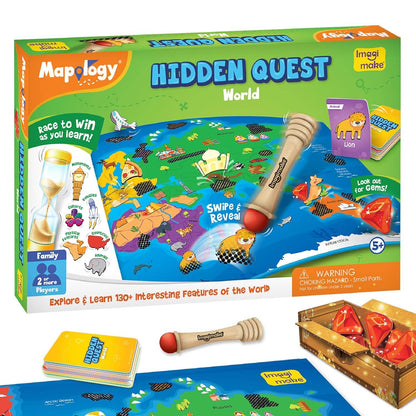 Mapology Hidden Quest board game with world map, swipe tool, cards, and treasure chest for kids ages 5 and up