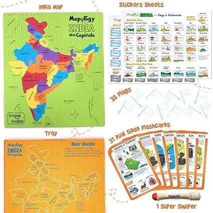 Colorful India country map educational kit for children with flashcards and stickers