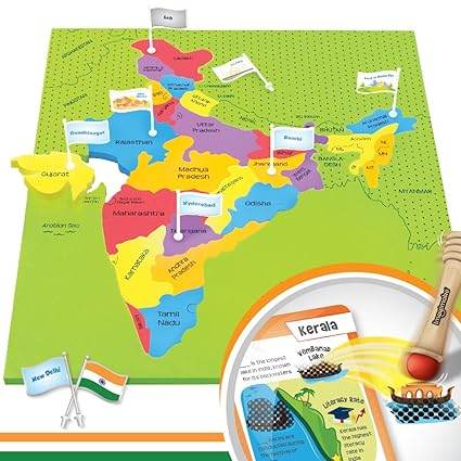 Colorful India country map puzzle for kids with educational state flags and names
