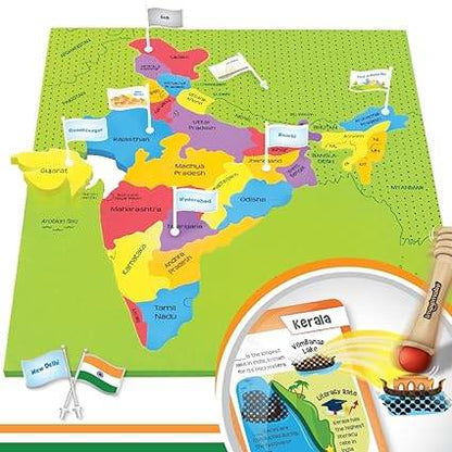 Colorful India country map puzzle for kids with educational state flags and names