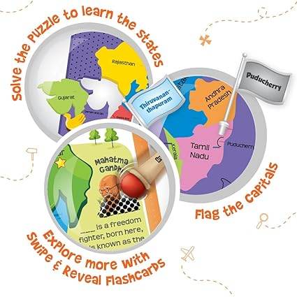 Interactive India country map puzzle for kids to learn states and capitals with flashcards