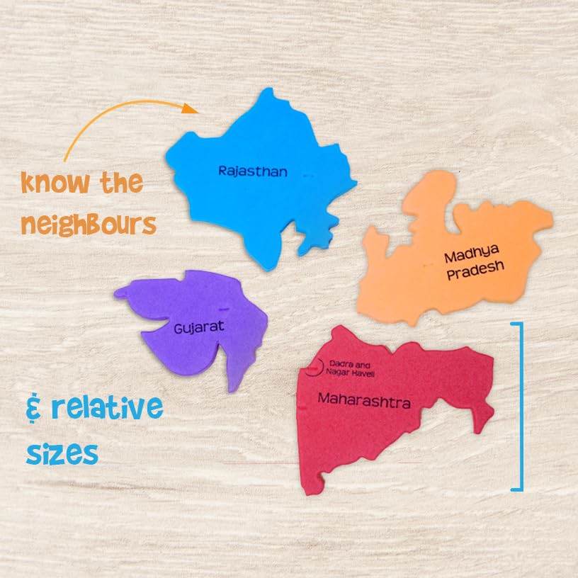 India map puzzle for kids showing colorful pieces of Rajasthan, Madhya Pradesh, Gujarat, and Maharashtra