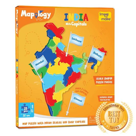 India map puzzle for kids featuring colorful state pieces with capitals like Mumbai Chennai Lucknow and Kolkata