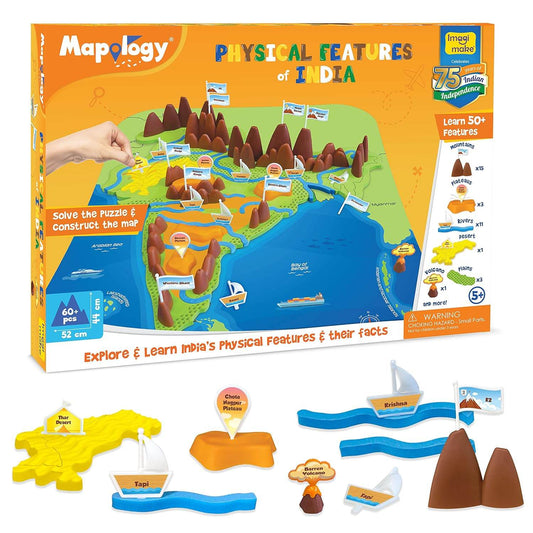 Mapology Physical Features of India puzzle with colorful 3D terrain pieces and flags for educational map learning