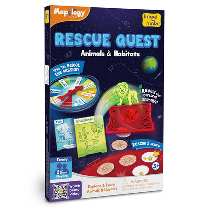 Mapology Rescue Quest board game for 2 players featuring animal habitats, suitable for ages 5 and up