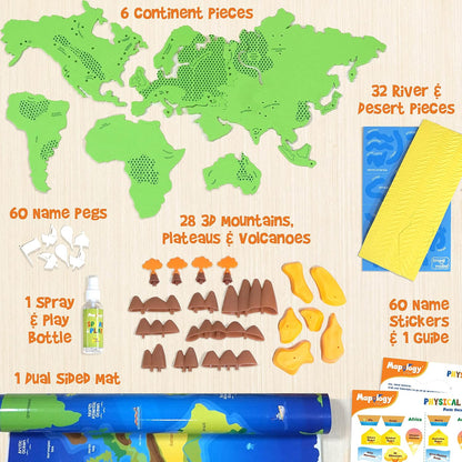 Colorful puzzled 3D puzzles set with continent, river, and mountain pieces for ages 6 and up