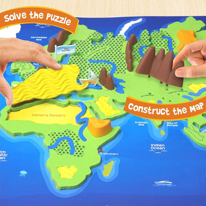 Colorful 3D world map puzzle for kids, promoting geography skills through play, includes various landmarks