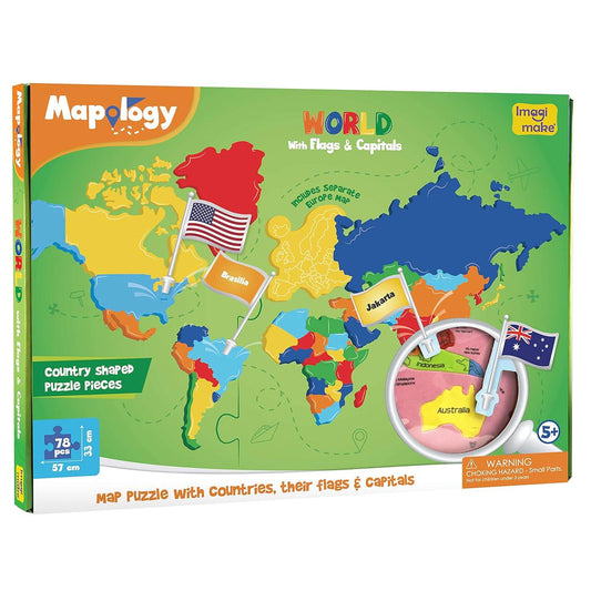 Mapology world flags and capitals game with colorful world map puzzle pieces and country flags