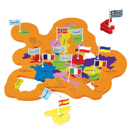 Mapology world flags and capitals game featuring colorful Europe map pieces with country flags and capital cities