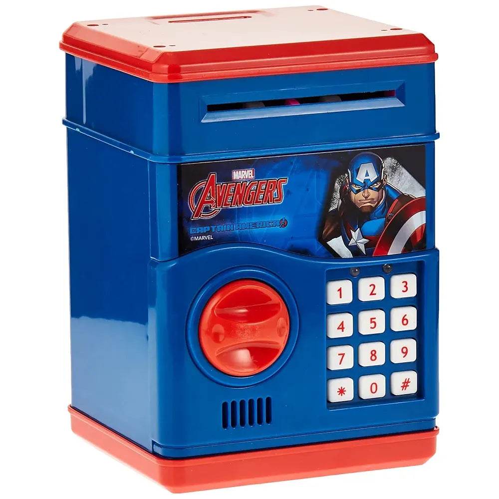 Avengers piggy bank for children featuring Captain America design with keypad and blue and red colors