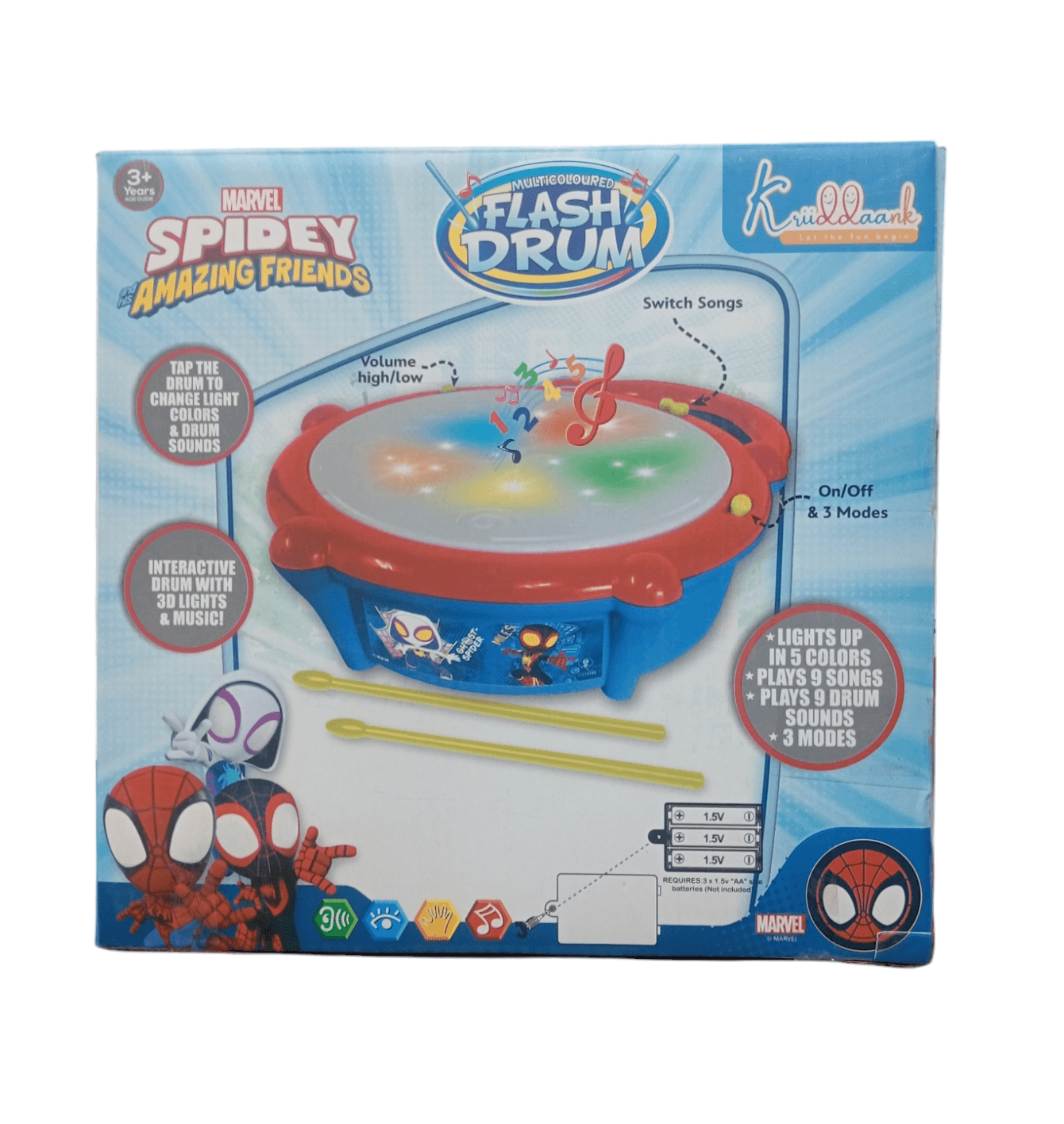 Kriddaank Spiderman musical drum for kids with light-up colors and 9 drum sounds