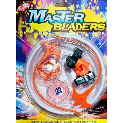Master Bladers beyblade spinning top set with launcher and orange spinning tops in colorful packaging