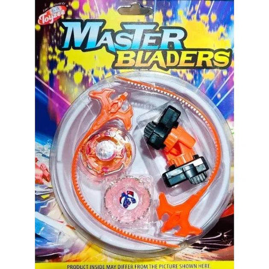 Master Bladers beyblade spinning top set with launcher and orange spinning tops in colorful packaging