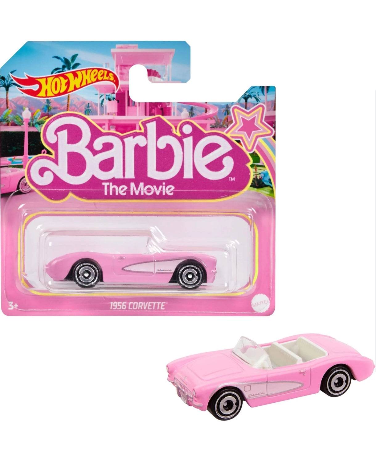 Barbie Hot Wheels die-cast car 1956 Corvette collectible toy in pink packaging