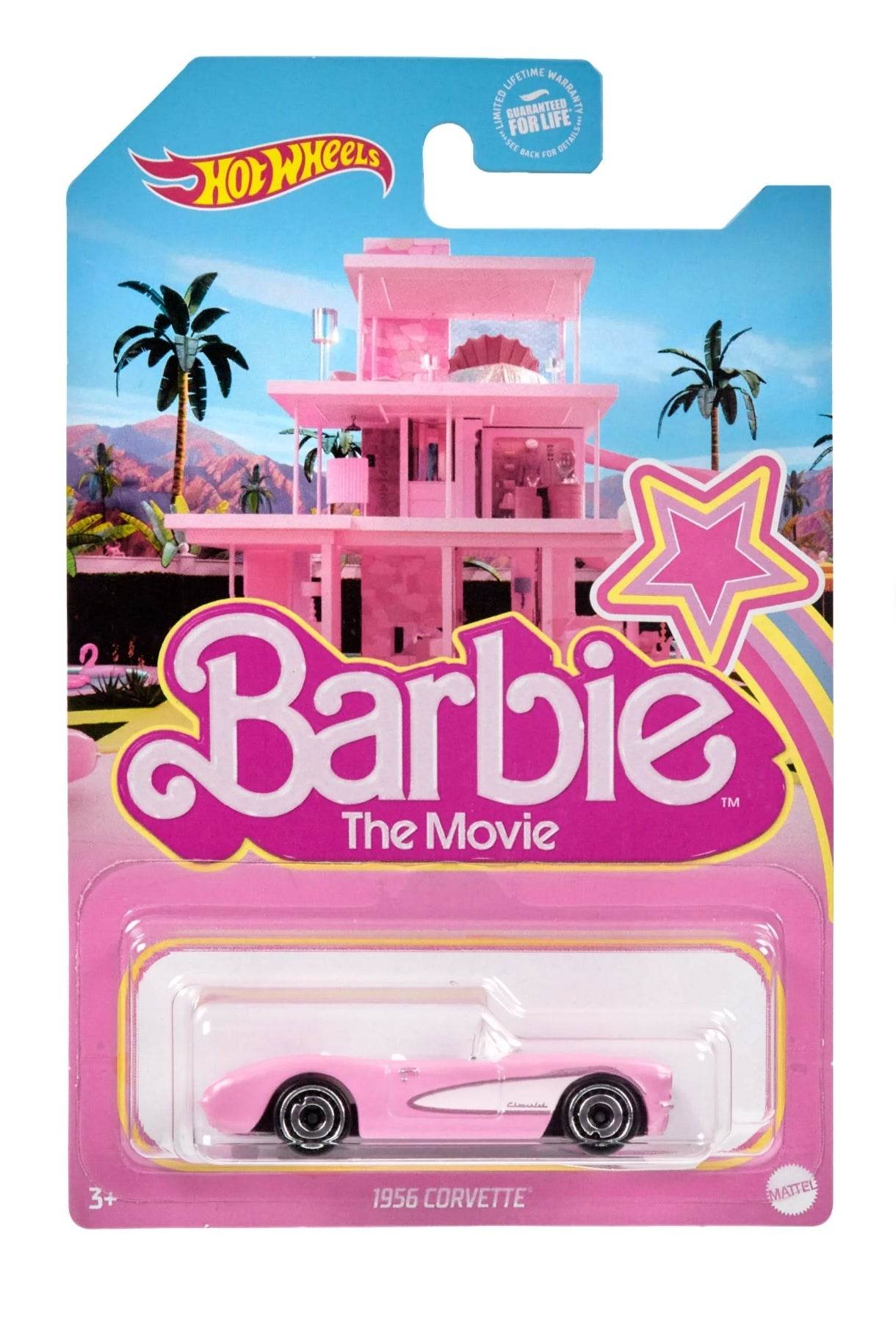 Barbie Hot Wheels die-cast car 1956 Corvette in pink packaging with Barbie The Movie design