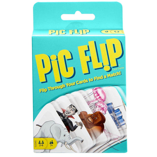 Pic Flip card game for kids with colorful animal and character cards in bright blue packaging