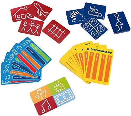 Colorful Pictionary card game for adults with red, blue, yellow, green cards featuring drawings and clues