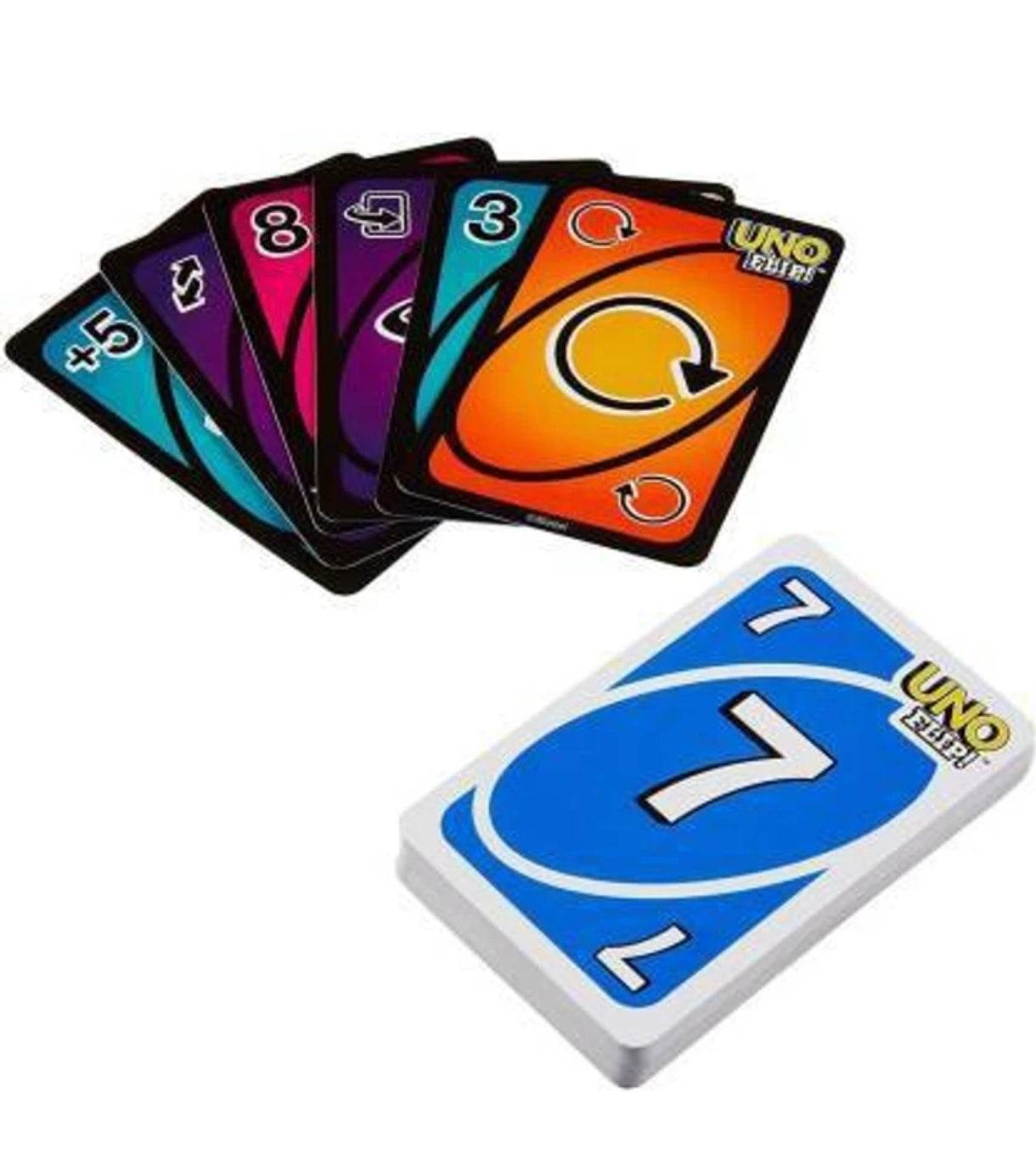 UNO Flip card game for kids showing colorful cards with numbers and special action symbols
