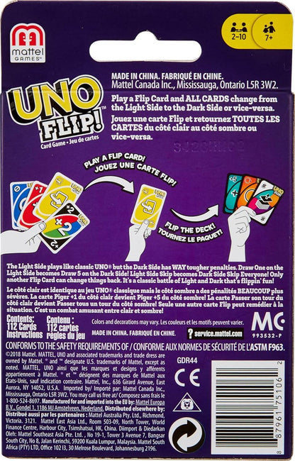 UNO Flip card game for kids packaging showing card flip instructions and gameplay details