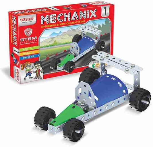 Mechanix 1 construction toy kit by T-Rex the toyland Sitamarhi with metal parts and wheels for building a race car model