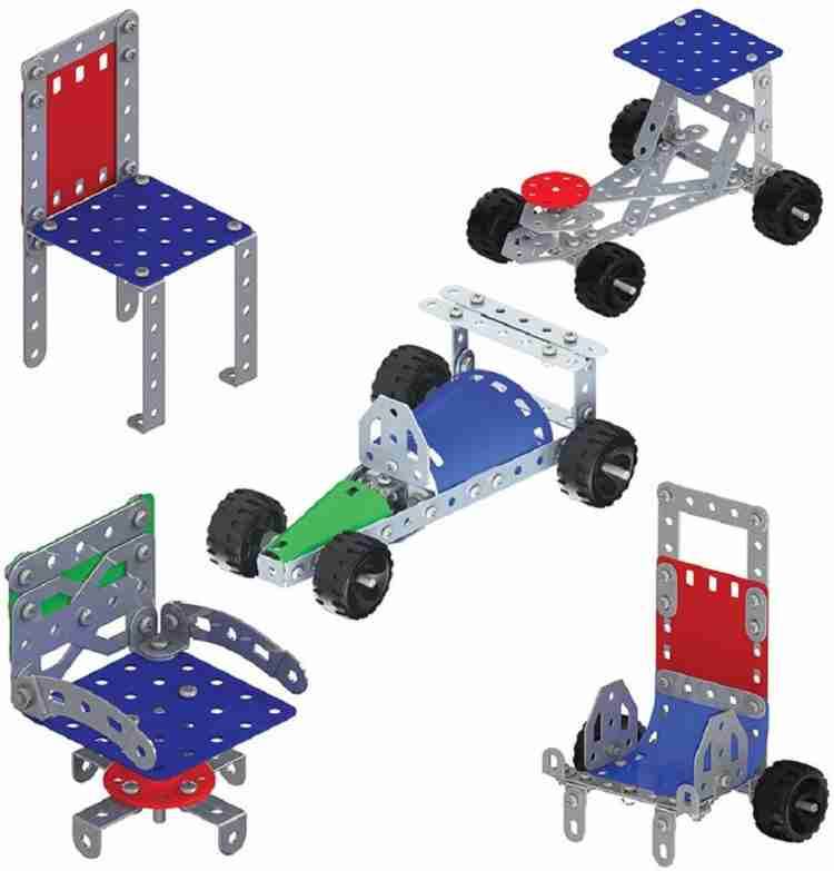 Mechanix 1 construction toy kit showing metal parts assembled into chair and vehicle models
