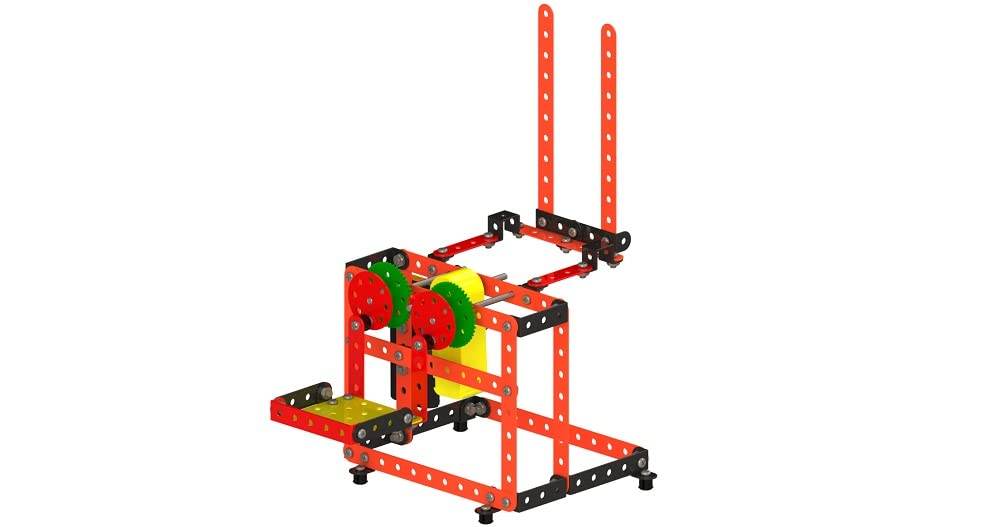 Mechanix Aarti construction set model in red and black with green and yellow gear components