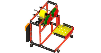 Mechanix Aarti construction set model with red and yellow metal parts and green gears assembled
