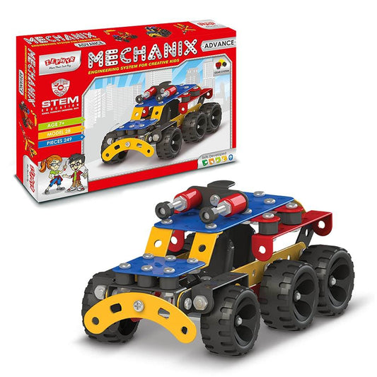 Mechanix Advance STEM toy building kit featuring a colorful six-wheeled vehicle model with red, blue, and yellow parts