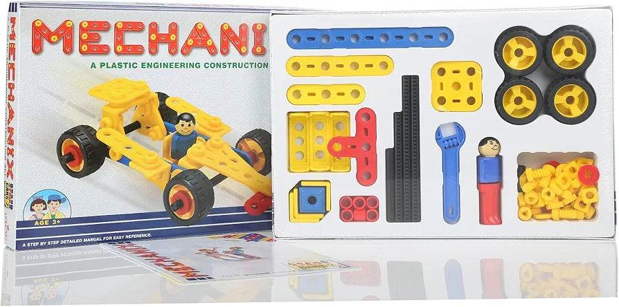 Plastic construction car toy set from T-Rex the toyland Sitamarhi with yellow and red building parts and wheels