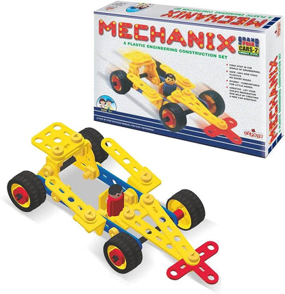 Plastic construction car toy yellow and red assembled race car with black wheels and packaging box
