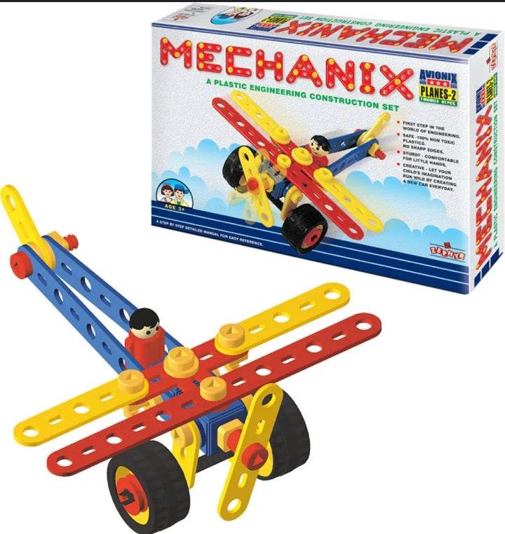 Mechanix plastic construction set for children with colorful airplane model and pieces in red yellow and blue