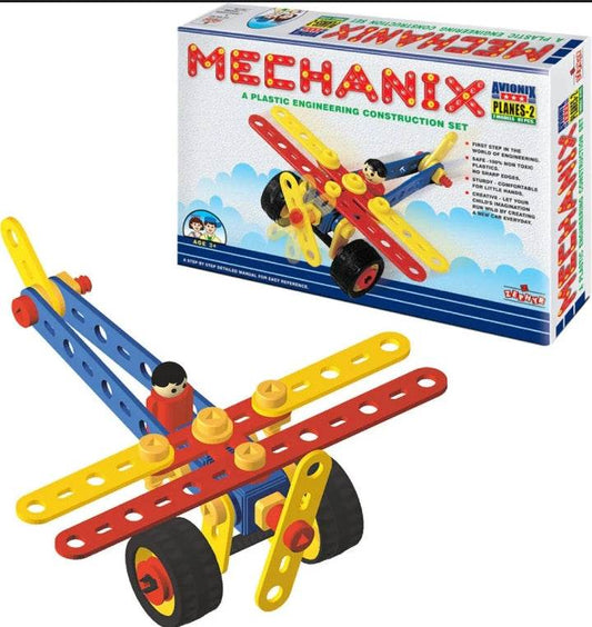 Mechanix plastic construction set for children with colorful airplane model and pieces in red yellow and blue
