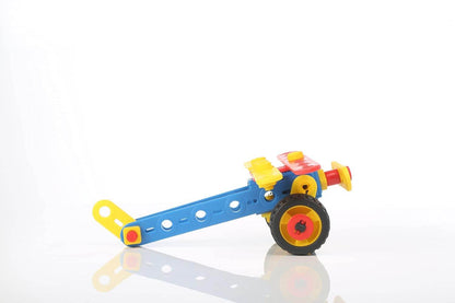 Colorful plastic construction set for children assembled toy vehicle with wheels and connecting parts